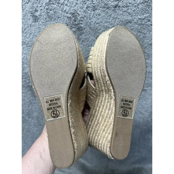 Vtg Soda 5.5 Natural Jute Raffia Open Toe Slide Sandal Platform Wedge Slip-On - Picture 6 of 7